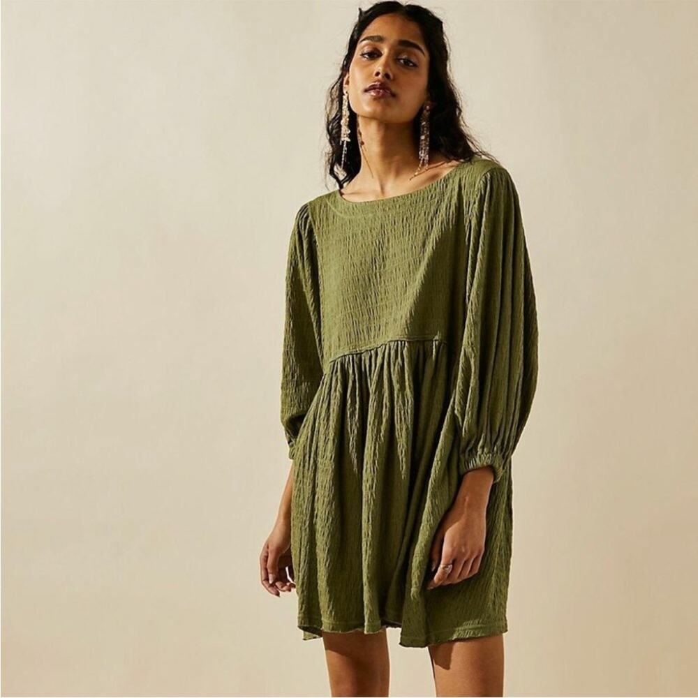 Free People Beach Green Get Obsessed Babydoll Mini Dress Long Balloon Sleeve‎ XS
